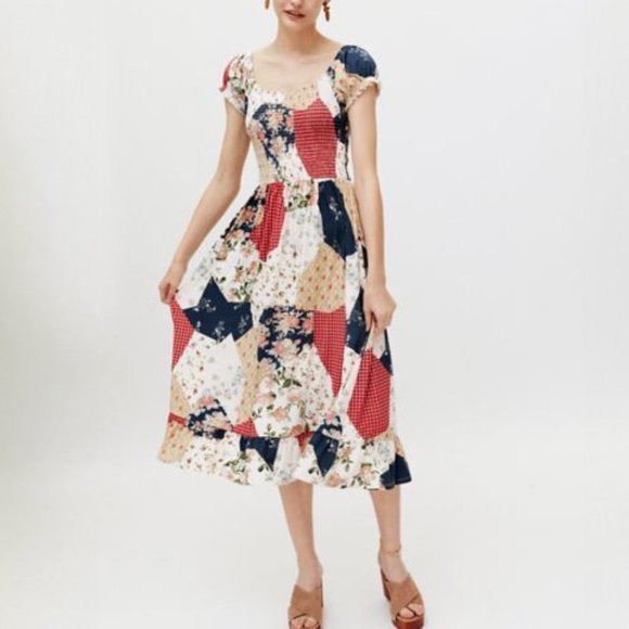 Urban Outfitters Patchwork Floral Midi Dress - Red, Blue, Cream - Picture 6 of 6